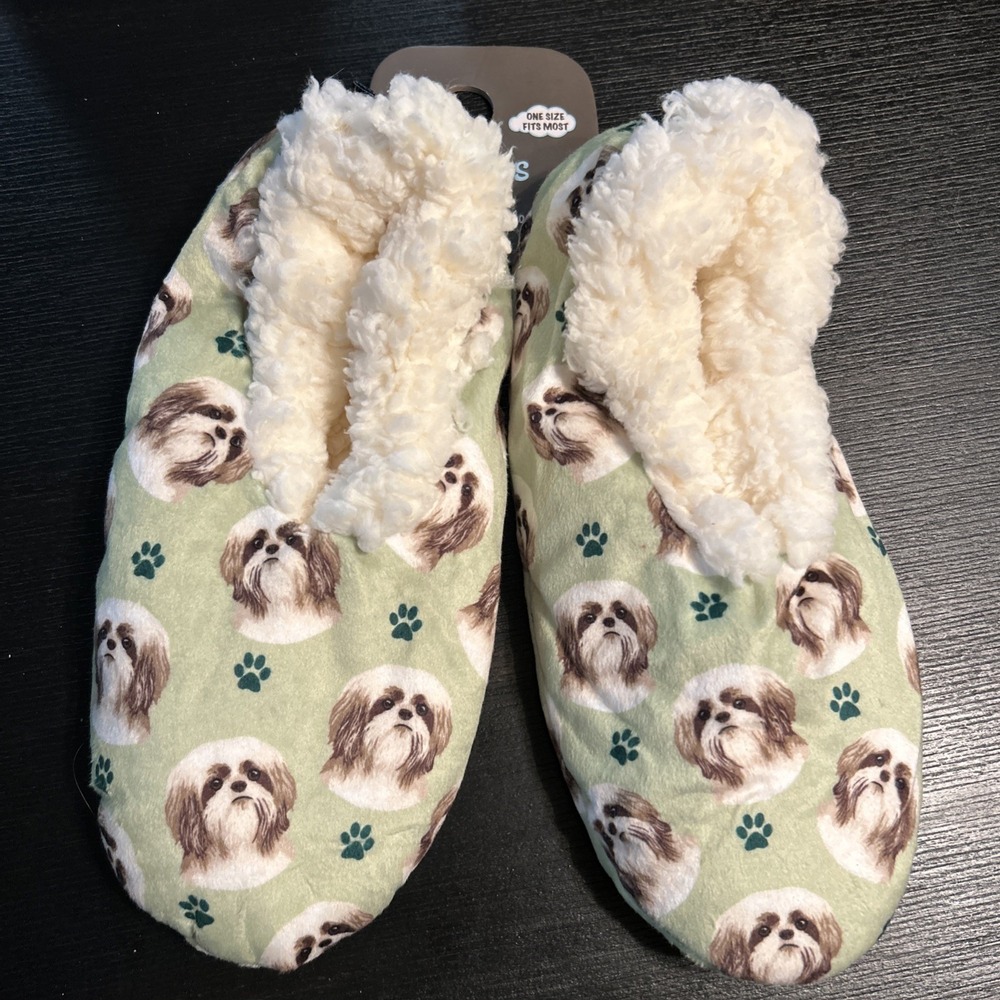 Comfies Slippers Non Slip Comfies Dog Design One Size Shih Tzu Light Green 1251